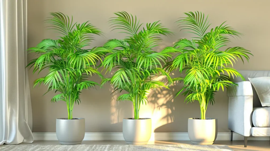 Drei dekorative Zimmerpflanzen in schlichten Töpfen als stilvolle und nachhaltige Wohnraumdekoration