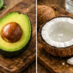 Avocado oder Kokosnuss Vergleich auf Holztisch mit Nährstofftabelle
