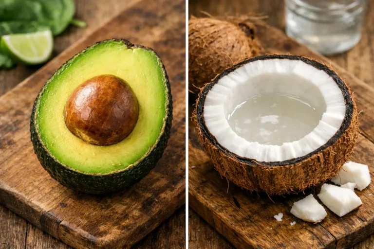Avocado oder Kokosnuss Vergleich auf Holztisch mit Nährstofftabelle