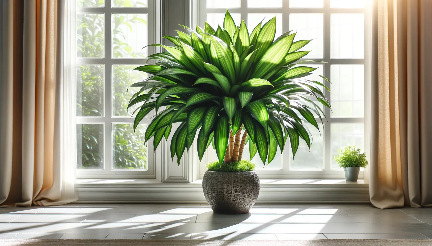 Gesunder Drachenbaum mit grünen Blättern auf Fensterbank