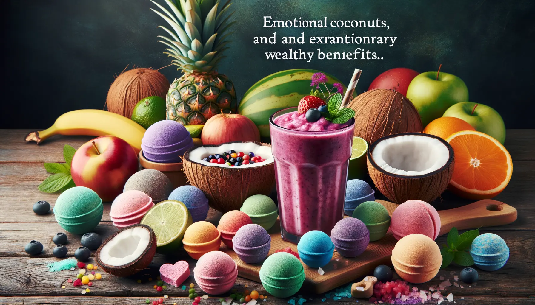 Gesunde Smoothies und Badekugeln mit emotionaler Kokosnuss
