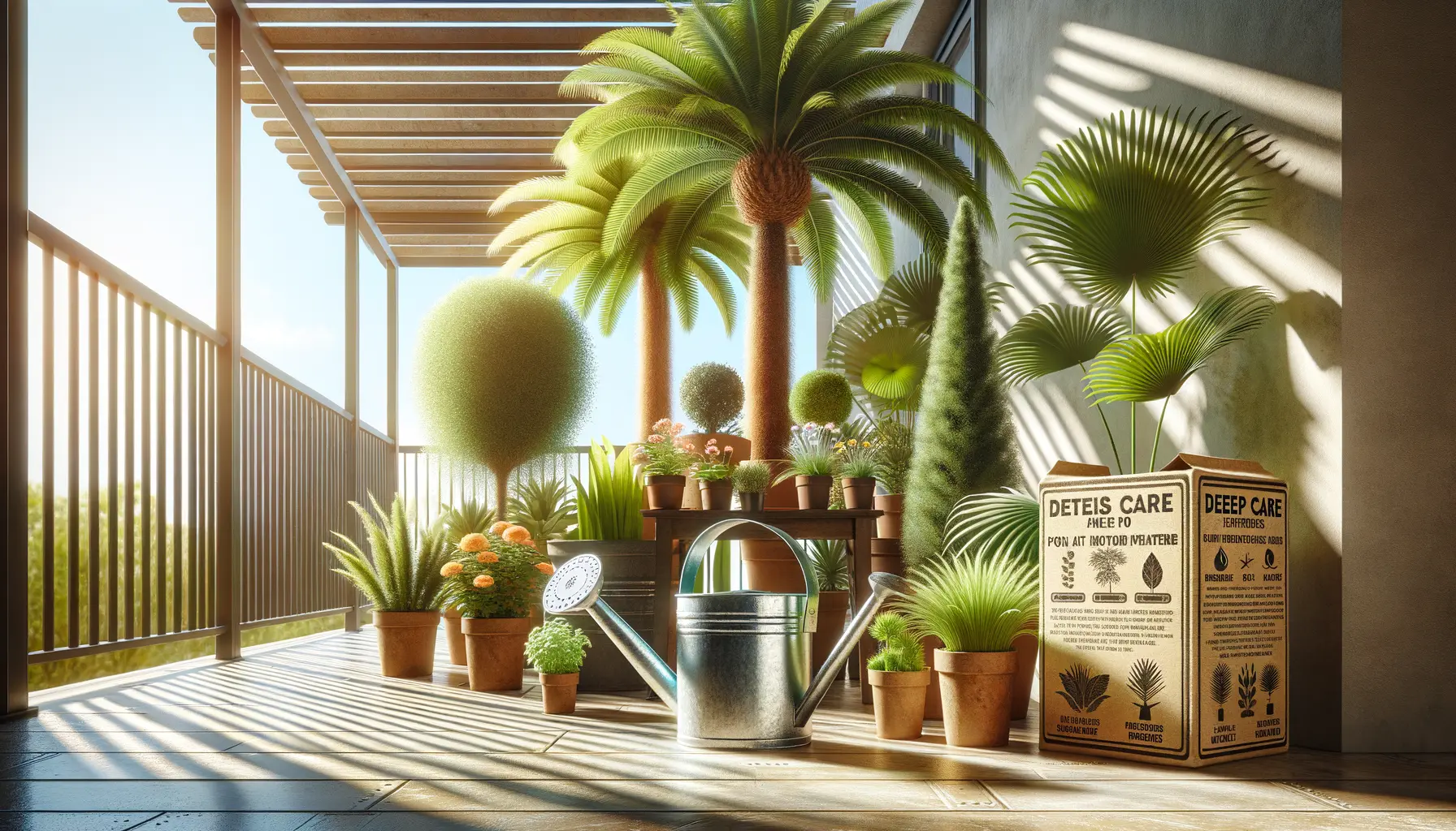Exotische Palmen in Töpfen auf Balkon mit Pflegeutensilien
