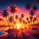 Exotische Palmen am Strand bei Sonnenuntergang