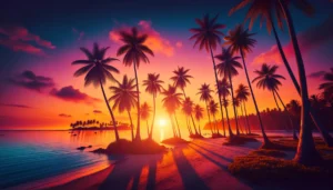 Exotische Palmen am Strand bei Sonnenuntergang