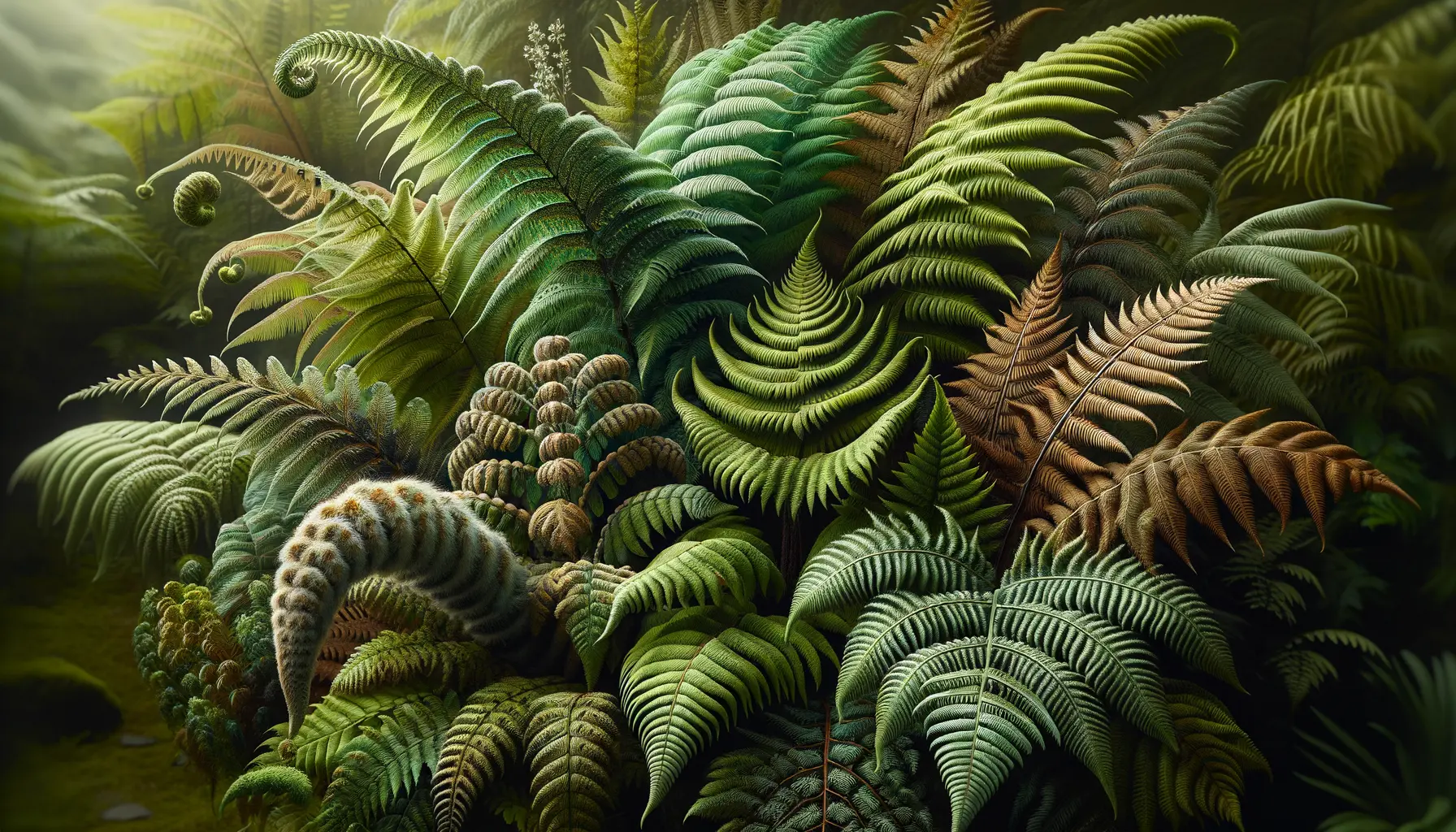 Verschiedene Farnarten mit grünen und gefiederten Farnwedeln