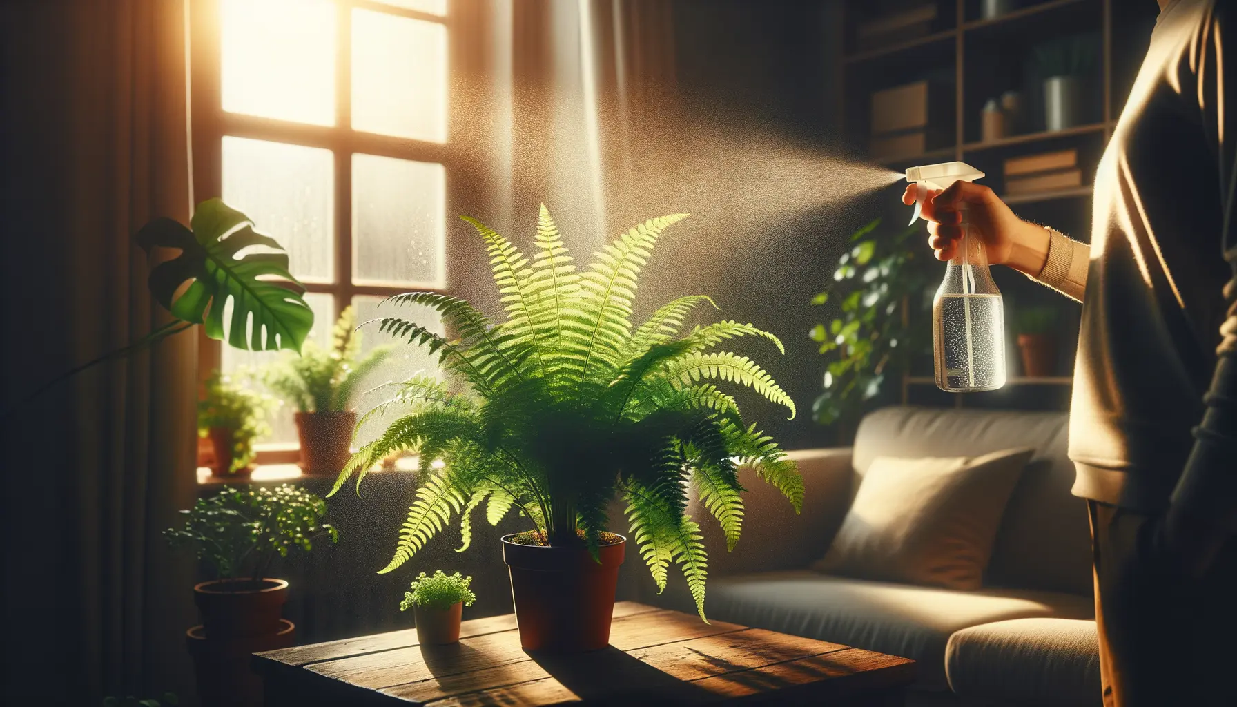 Zimmerfarn wird mit Wasser besprüht für optimale Pflege