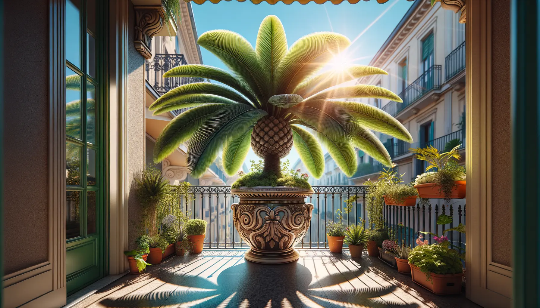 Große Palme im Topf auf Balkon mit Pflegehinweisen