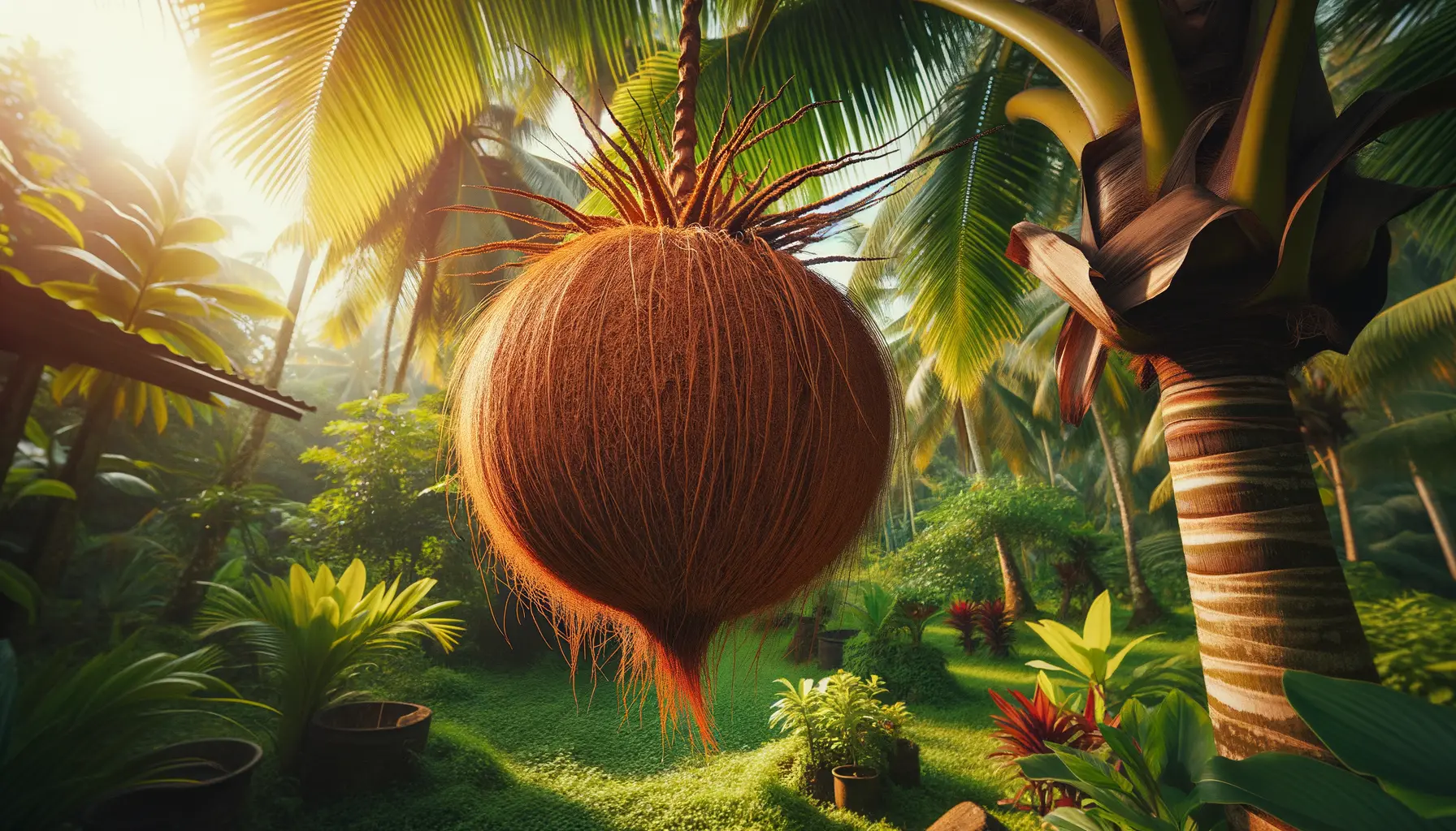 Haarige Kokosnuss auf Palme in tropischer Plantage mit dichter Faserhülle