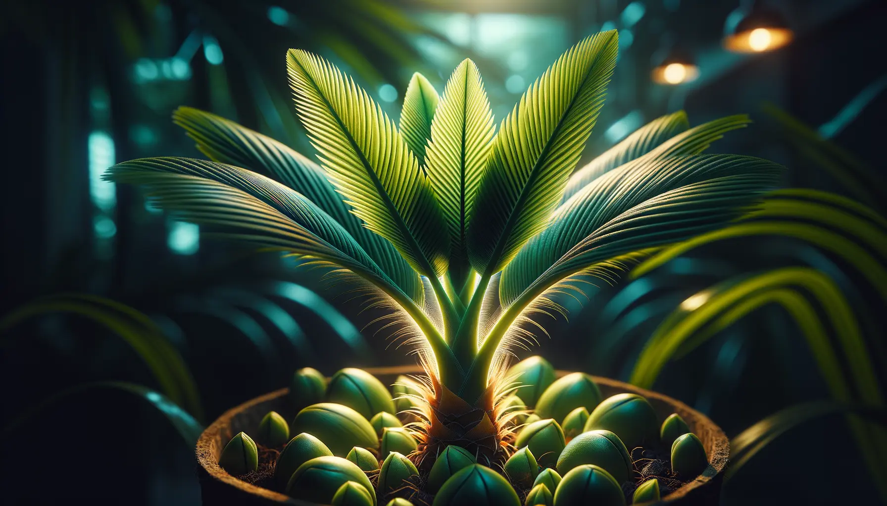 Gesunde Kokosnuss als Haustier mit jungen grünen Blättern