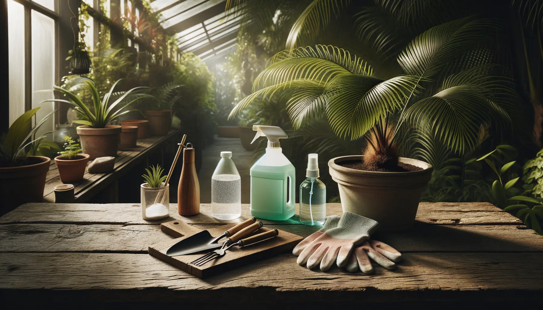 Pflegezubehör für Kokosnuss als Haustier mit Dünger und Sprühflasche