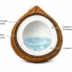Detaillierter Querschnitt einer Kokosnuss zeigt Exokarp, Mesokarp, Endokarp und Endosperm