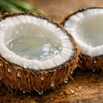 Kokosnuss Geheimnisse - aufgeschnittene frische Kokosnuss mit Fruchtfleisch und Kokoswasser