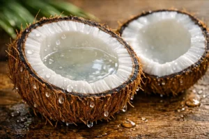 Kokosnuss Geheimnisse - aufgeschnittene frische Kokosnuss mit Fruchtfleisch und Kokoswasser