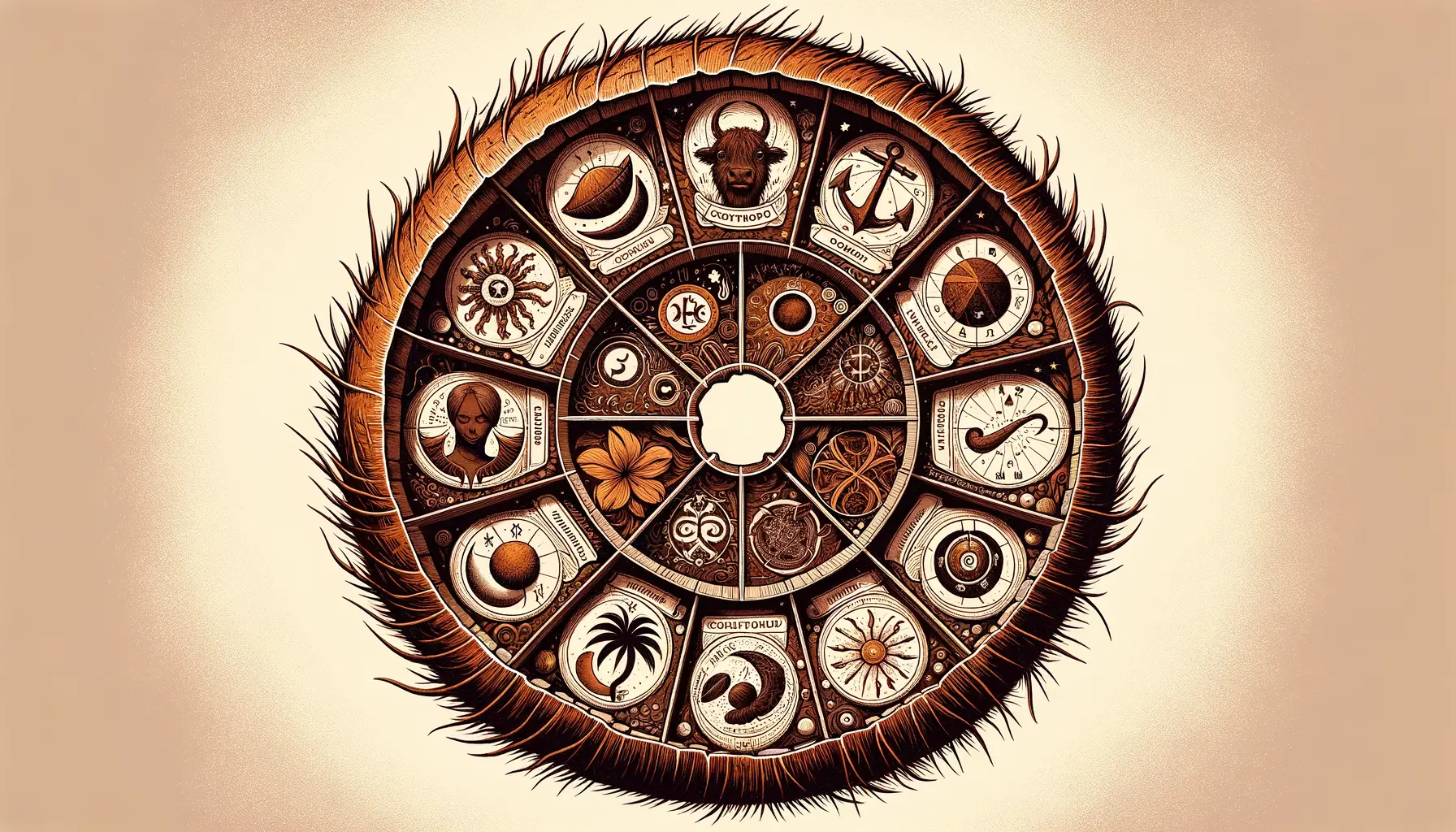 Kokosnuss Horoskop 2026 – Mystik & Persönlichkeit entdecken 2 Illustration Kokosnuss Horoskop mit Symbolen und Sternzeichen