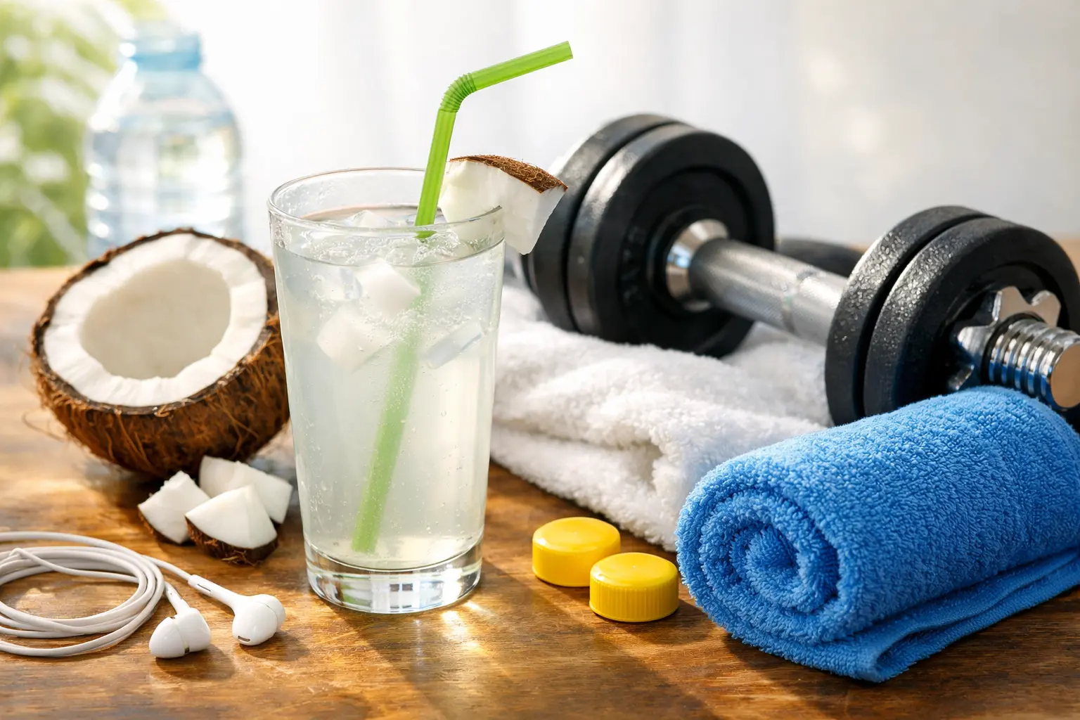 Glas mit frischem Kokoswasser neben Sportausrüstung als natürliches Sportgetränk