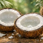 Aufgeschnittene frische Kokosnuss mit Kokoswasser und Fruchtfleisch zeigt Kokosnuss Vorteile
