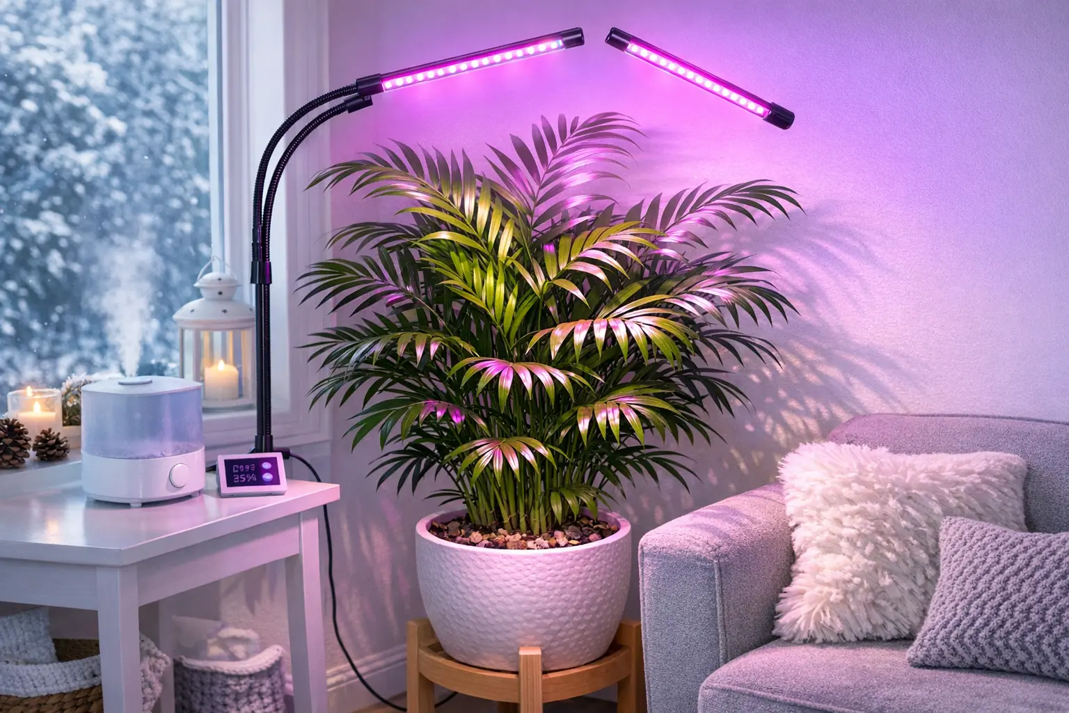 Gesunde Zimmerpalme mit LED-Pflanzenlampe Winterstandort