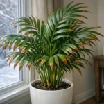 Zimmerpalme mit braunen Blattspitzen am Fenster im Winter