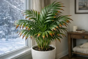 Zimmerpalme mit braunen Blattspitzen am Fenster im Winter
