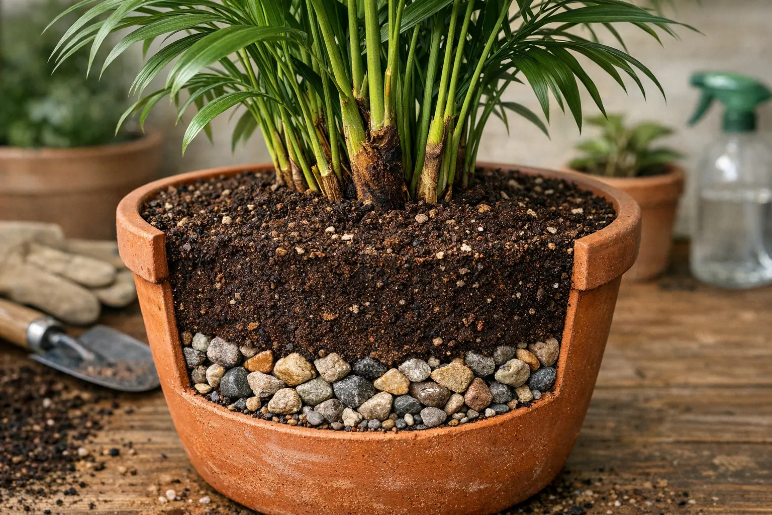 Große Terrassenpalme in geeignetem Kübel mit sichtbarer Drainageschicht