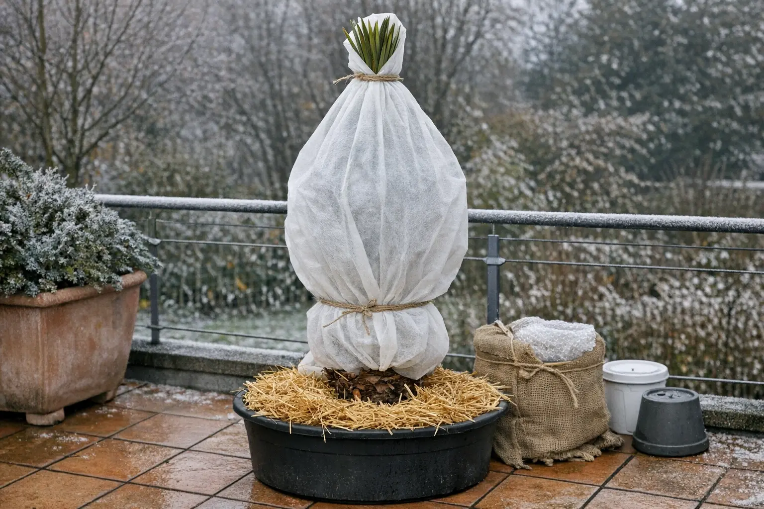 Terrassenpalme mit Winterschutz aus Vlies und Wurzelabdeckung aus Stroh