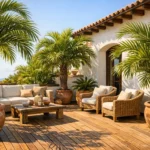 Mehrere Terrassenpalmen in Kübeln auf einer sonnigen Terrasse mit mediterranem Ambiente