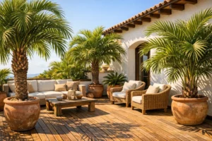 Mehrere Terrassenpalmen in Kübeln auf einer sonnigen Terrasse mit mediterranem Ambiente