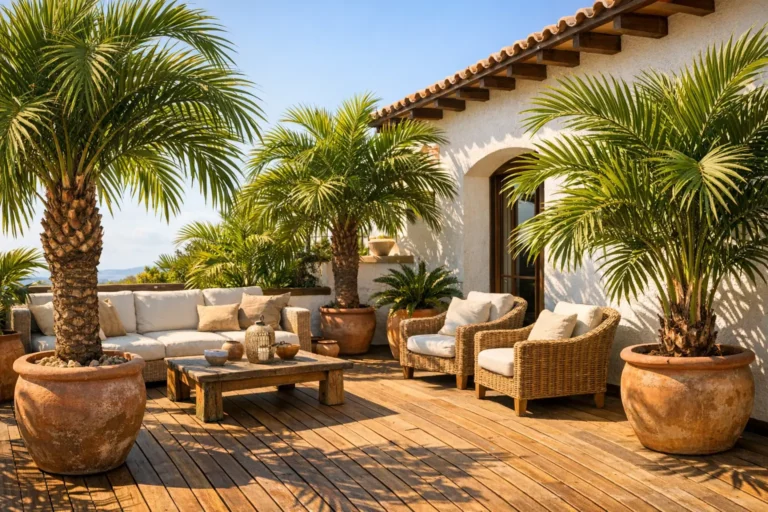 Mehrere Terrassenpalmen in Kübeln auf einer sonnigen Terrasse mit mediterranem Ambiente