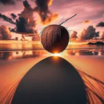 Traurige Kokosnuss am Strand mit melancholischem Ausdruck