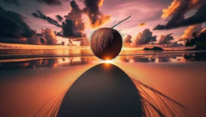 Traurige Kokosnuss am Strand mit melancholischem Ausdruck