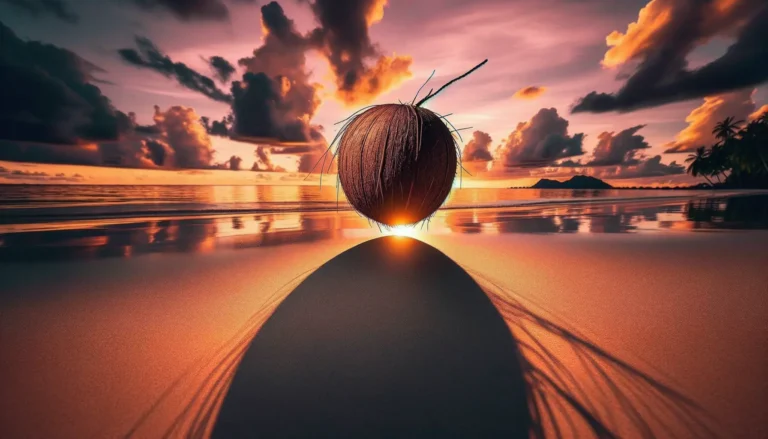 Traurige Kokosnuss am Strand mit melancholischem Ausdruck