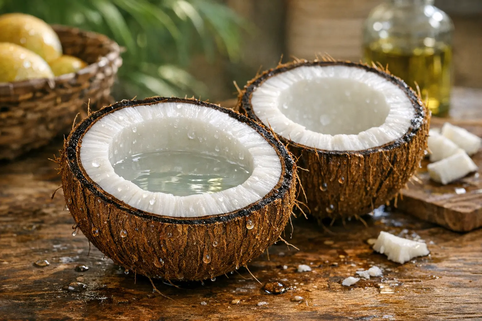Aufgeschnittene Kokosnuss mit Kokoswasser und weißem Fruchtfleisch