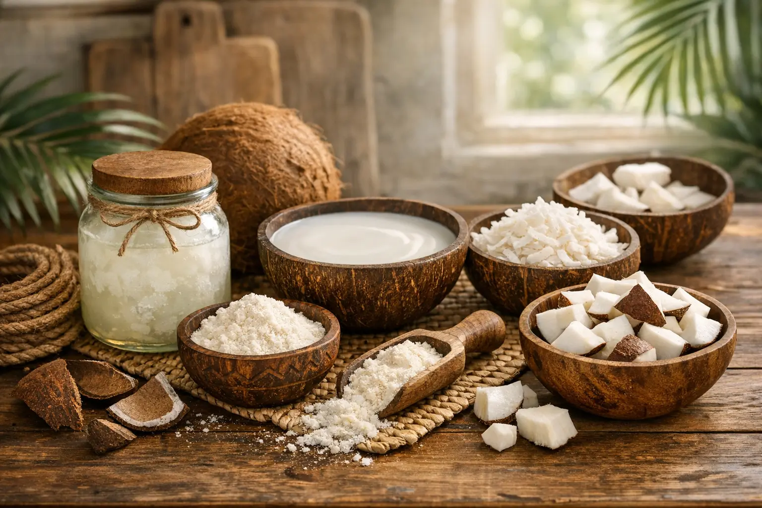 Verschiedene Kokosprodukte wie Kokosöl Kokosmilch Kokosfasern