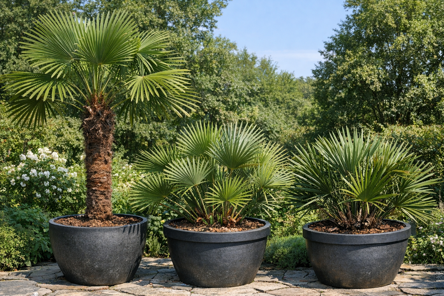 Winterharte Palmen: Arten, Pflege & Winterschutz-Guide 2 Hanfpalme, Zwergpalme und Nadelpalme nebeneinander