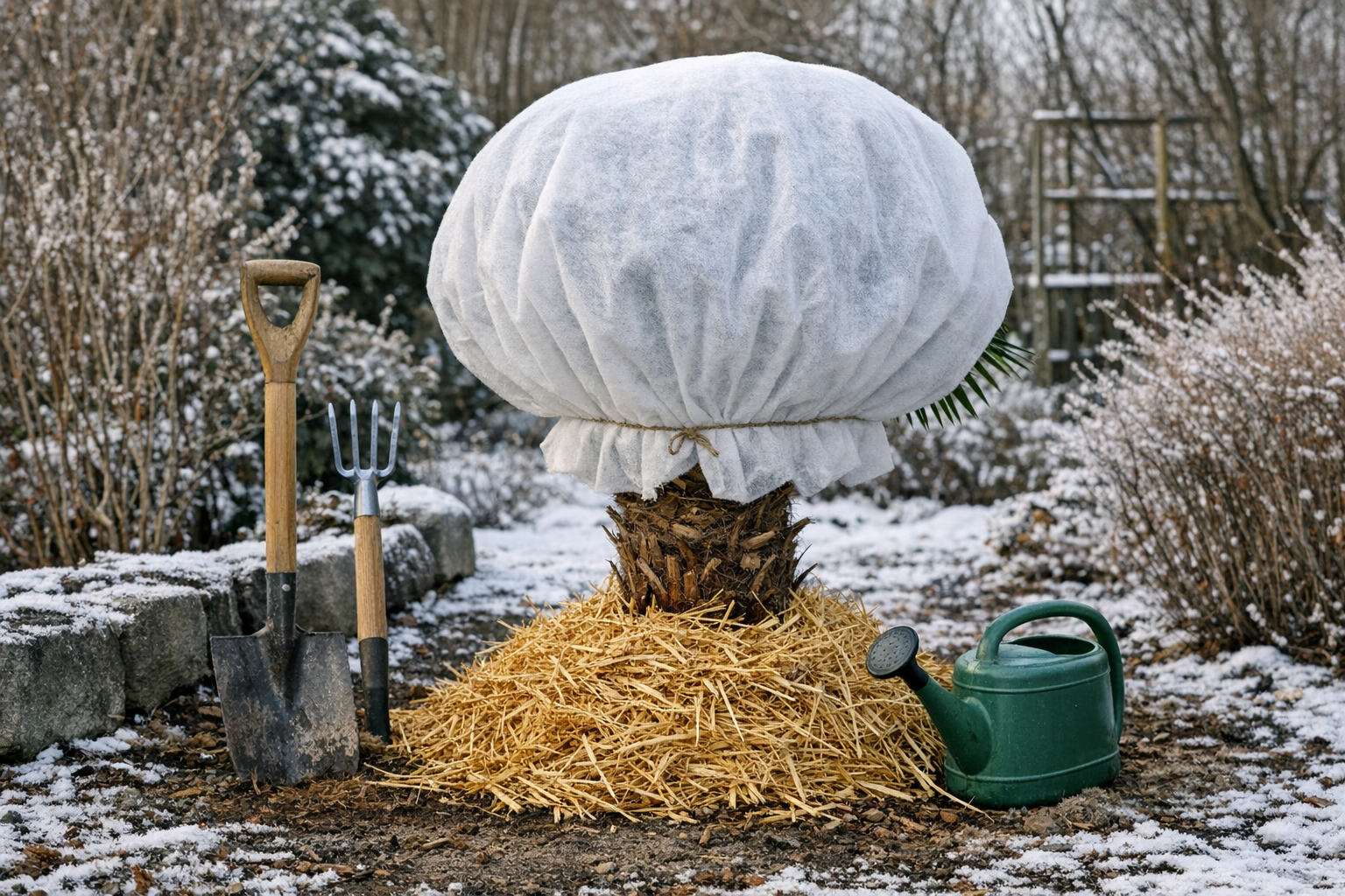 Winterharte Palmen: Arten, Pflege & Winterschutz-Guide 3 Winterschutz Hanfpalme mit Vlies und Stroh um den Stamm