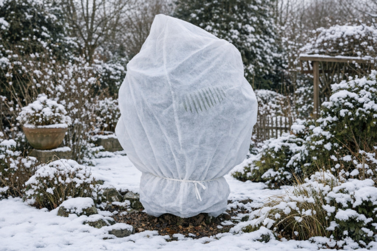 Winterharte Palmen im verschneiten Garten mit Winterschutz