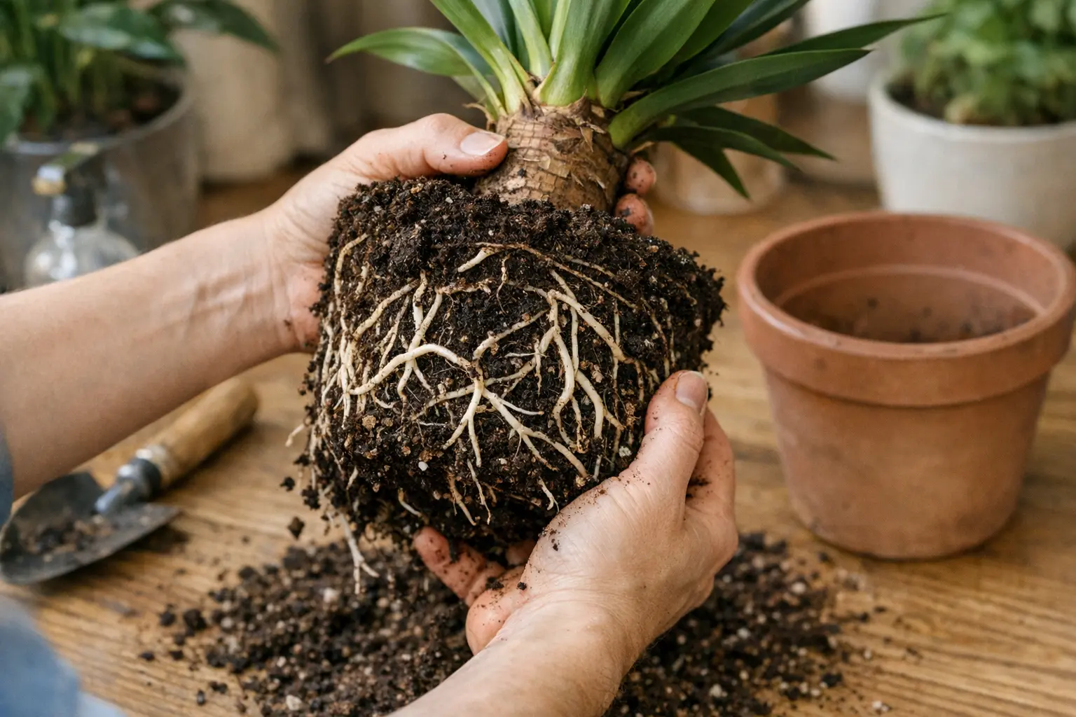 Yucca Wurzeln prüfen bei hängenden Blättern