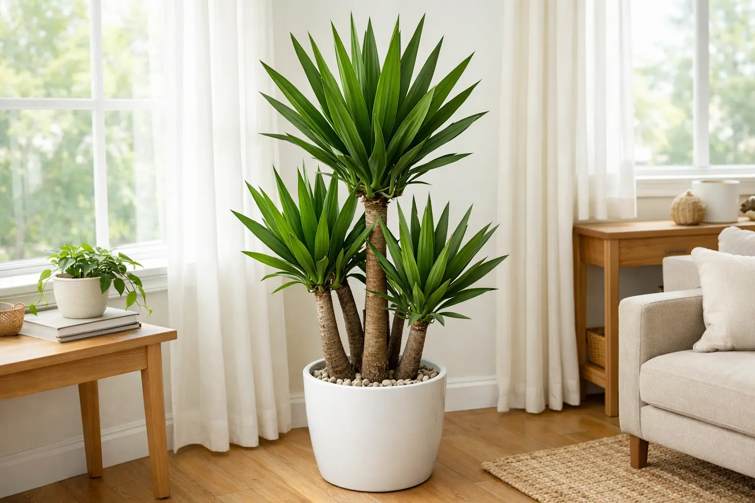Gesunde Yucca ohne hängende Blätter am Fenster